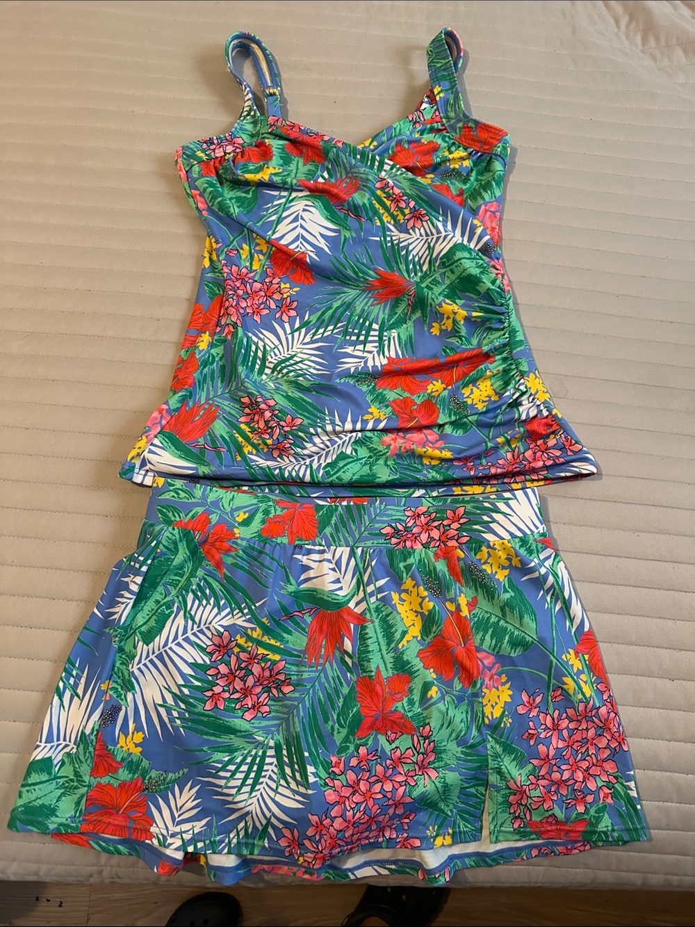 Women Blue Tropical Floral tho Piece with Skirt